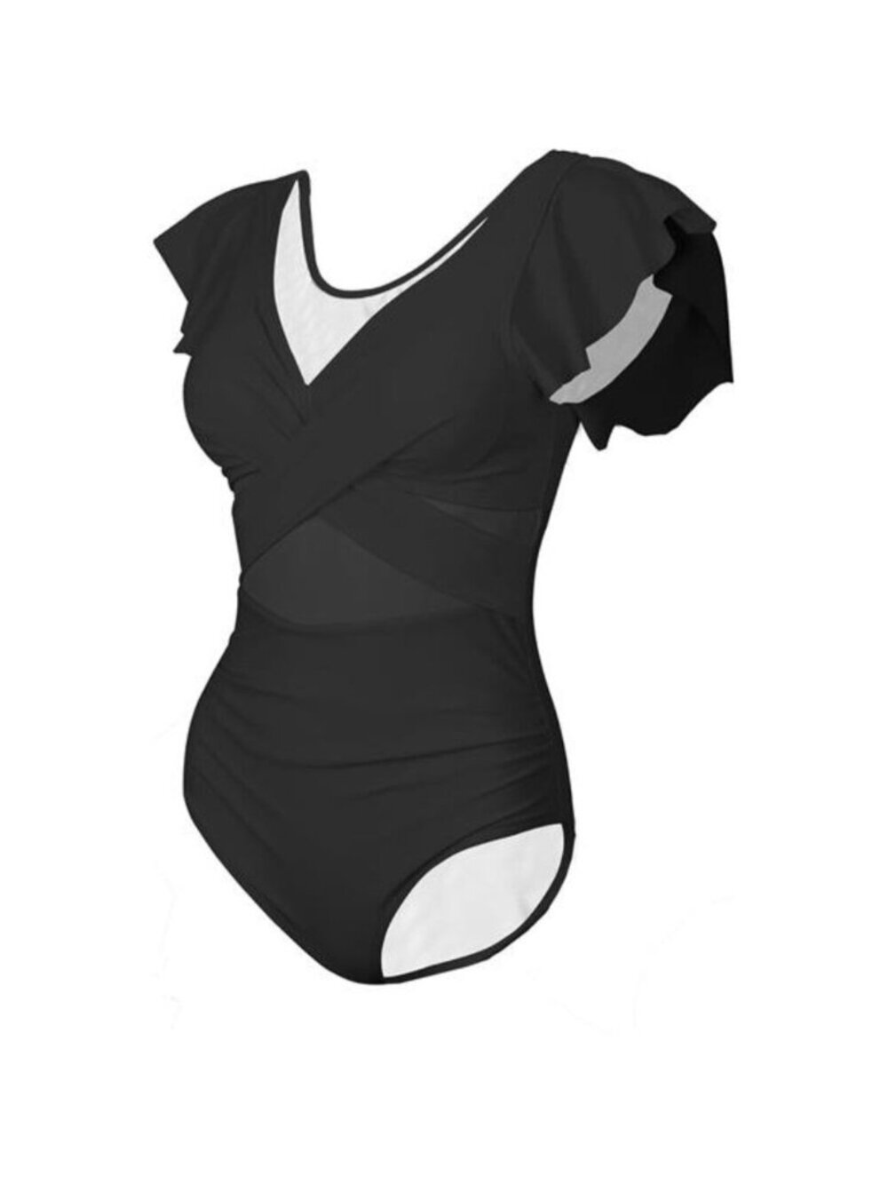 Women's One Piece Swimsuits Tummy Control Ruffle Sleeve Mesh Swimsuit - Picture 5 of 7